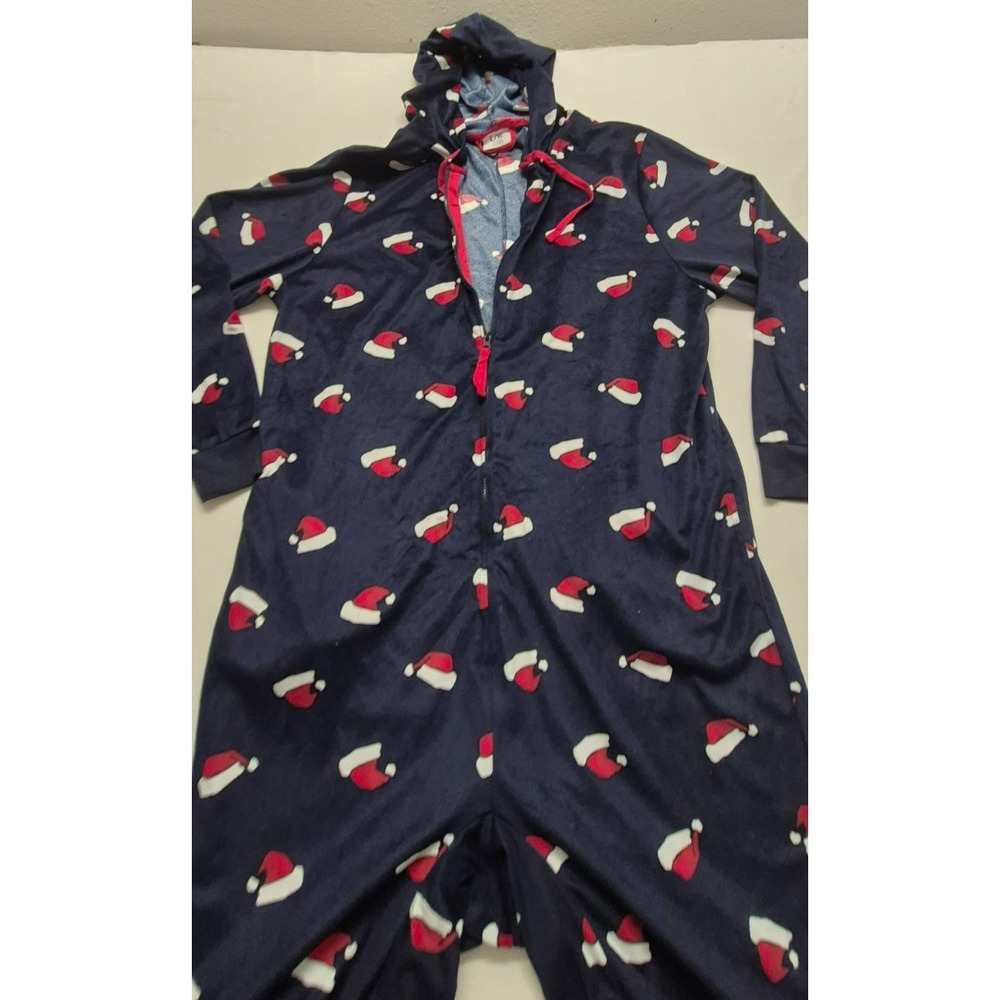 Christmas sleepwear one piece navy Santa hat pattern pajamas hood full zip LG/XL